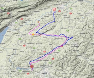 Flugbahn von Mission 3 - Prediction (pink) und effektive Flugbahn (blau)